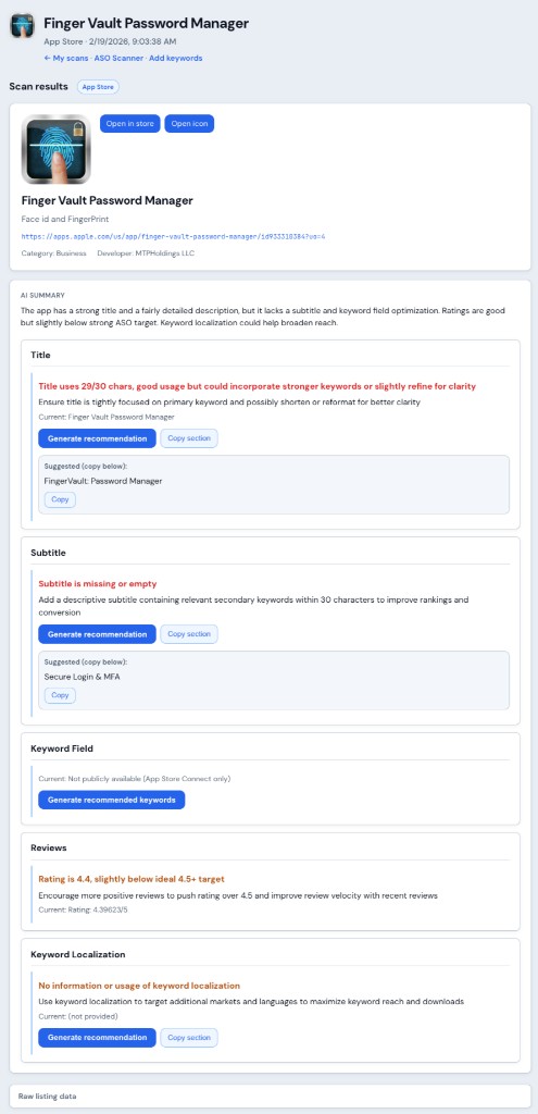 Apptenium ASO scan results showing AI summary and listing recommendations